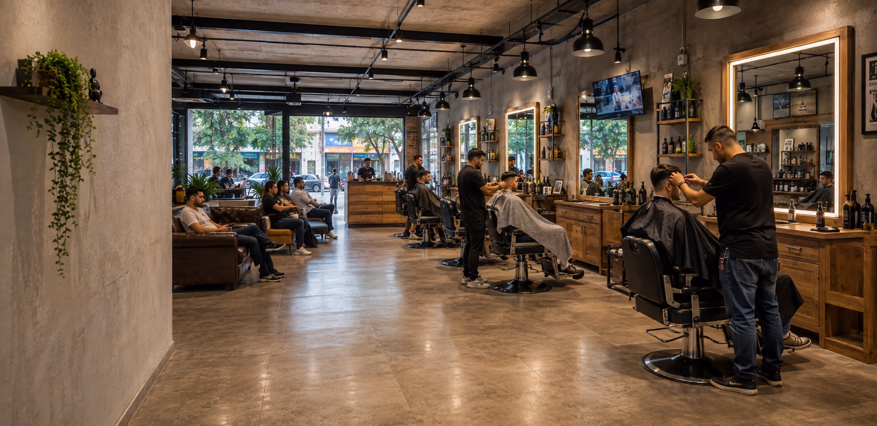 Interior de una peluquería con varios profesionales atendiendo a sus clientes