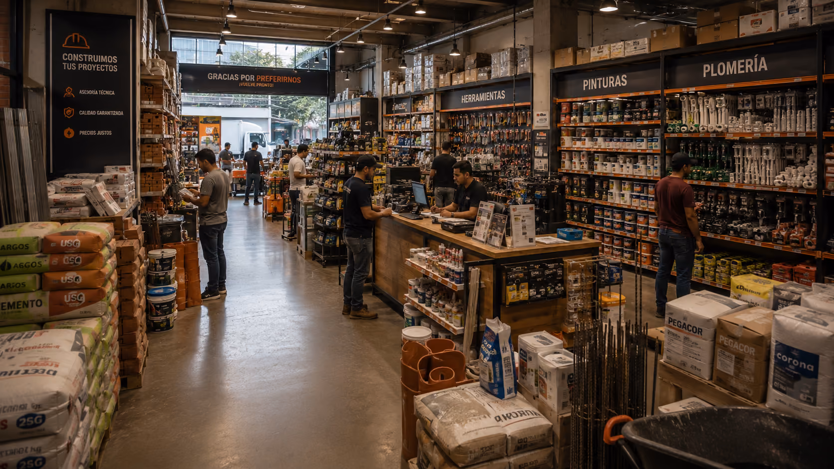 Interior de una ferretería con clientes y personal entre los pasillos