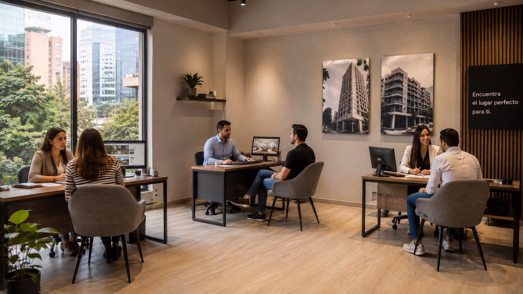 Equipo inmobiliario atendiendo clientes en una oficina